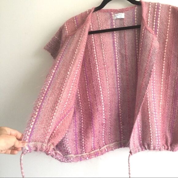 HAND KNIT Boho Sleeveless Cardigan Sweater Tie Waist Pink Purple One Size - Picture 9 of 11